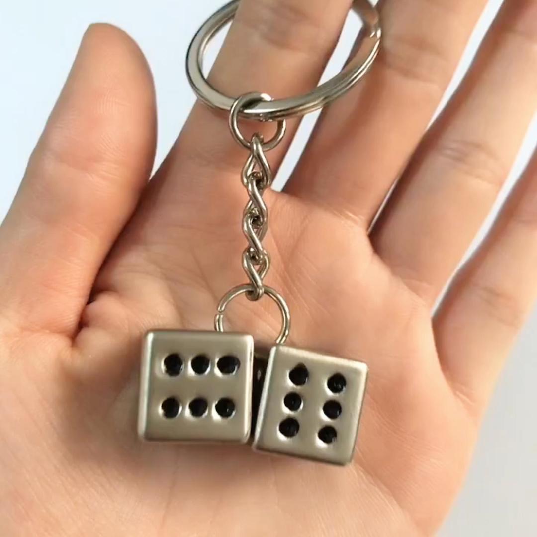 Lucky Silver Metal Dice Keychain with Black Dots - Stylish and